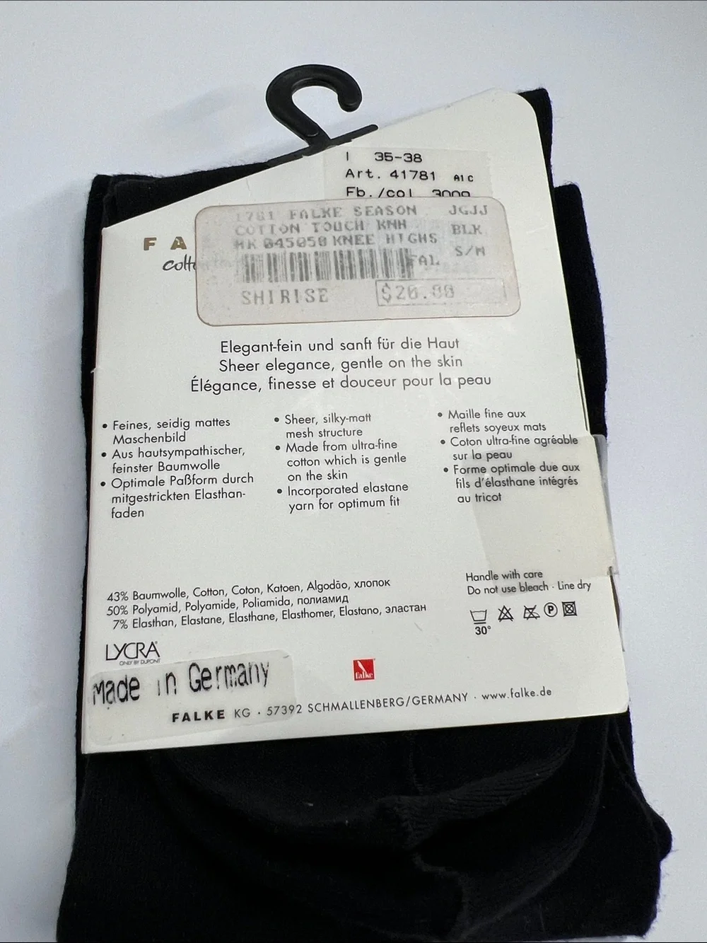 Falke Cotton Mix Cotton Touch 35-38 (US 5 - 7.5) 12” Tall Black Socks